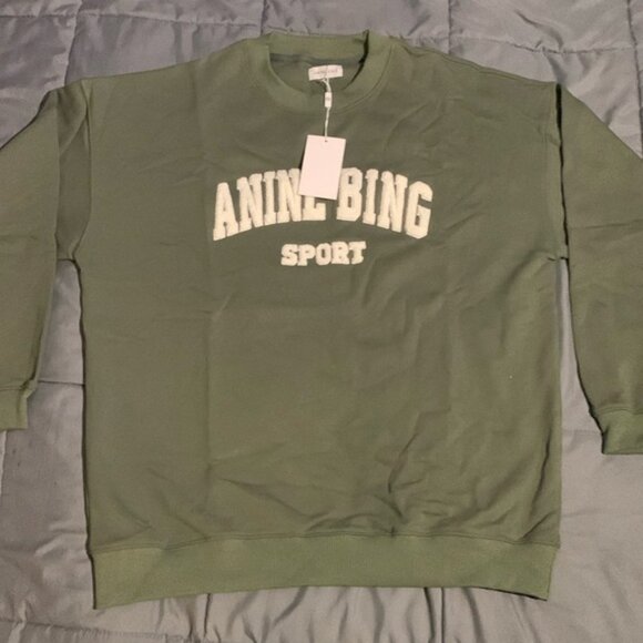 Anine Bing Sport Thyme Green Sweater White Distressed Letter Embroidery - Picture 1 of 2